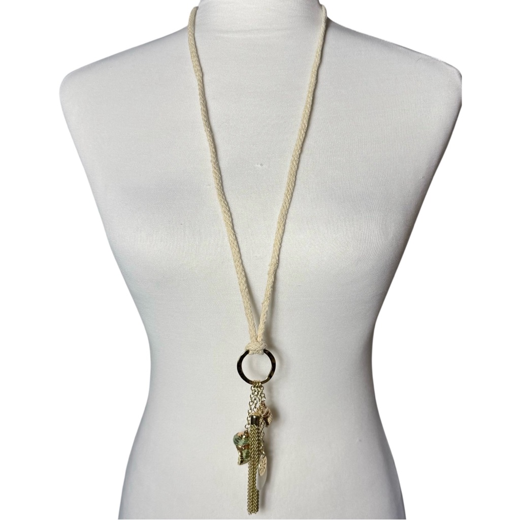 Bay Studio Genuine Shell Rope Tie Nautical Gold Tone Necklace Nwt